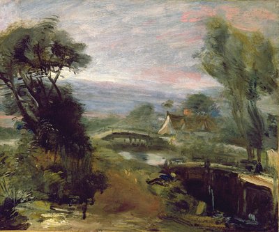 Una vista vicino al mulino di Flatford (olio su carta applicata su tela) da John Constable